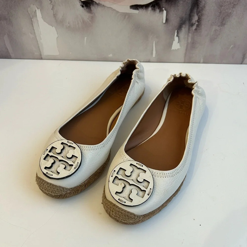 ! Tory Burch Reva Logo Leather Espadrilles Size 8